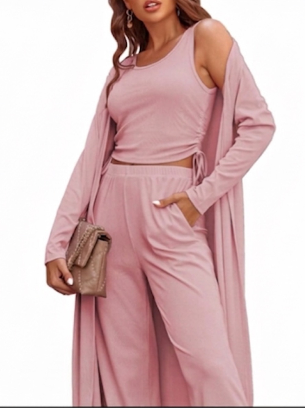Ribbed 3-Piece Lounge & Cardigan Set - Size Large,Travlel, PJ viral trending